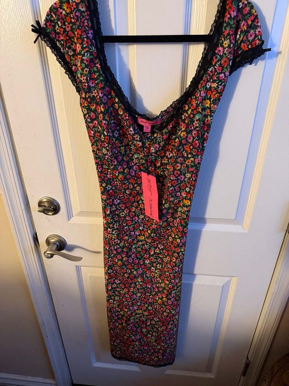 Betsey Johnson Floral Print Milkmaid Style Midi Dress with Lace Trim